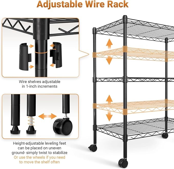3-Shelf Wire Storage Shelves with Wheels,Adjustable Storage Units,Steel Organizer Wire Rack,Black