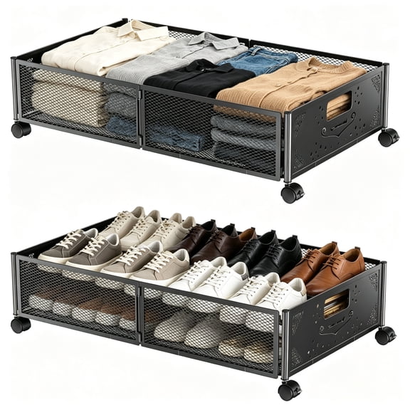 Under Bed Storage Containers with Wheels, 2 Pack Foldable Under Bed Shoe Storage Organizer Drawer for Bedroom Clothes Shoes Blankets, Black