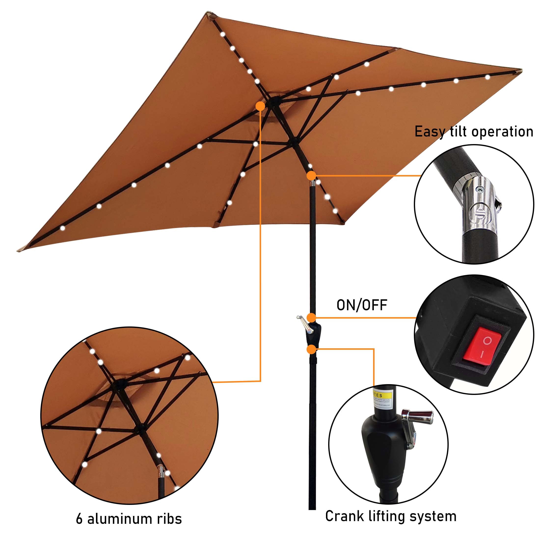 Aukfa 10 x 6.5ft Rectangular Patio Solar LED Lighted Outdoor Umbrellas for Market Beach Pool - Brown
