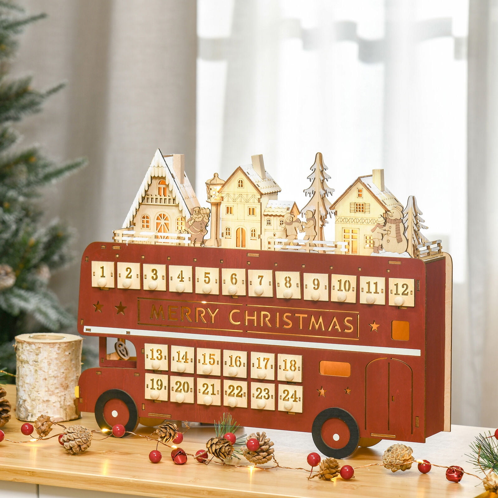 Christmas Advent Calendar, Light Up Wooden Bus Decoration w/ Village &  Drawers - Walmart.com