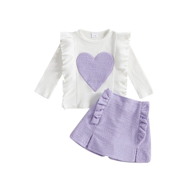 Gupgi 2pcs Kids Baby Girl Valentine Outfits 0-4 Years Toddler Long Sleeve Heart Print Rib Tops Ruffle Shorts