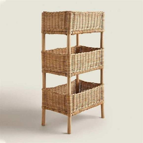 Rattan Shelving Unit 3 Tiers Standing Wooden Caddy, Hand Woven Floor Rattan Portable Laundry Bin Basket Applicable for Living Room, Bedroom, Kitchen(Color:Natural), 30*20*60cm