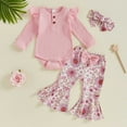 thumbnail image 2 of Mercatoo Toddler Baby Girl Fall Winter Outfits Rib Frill Long Sleeve Romper Floral Flared Pants Headband Set 3pcs Clothes, 2 of 5