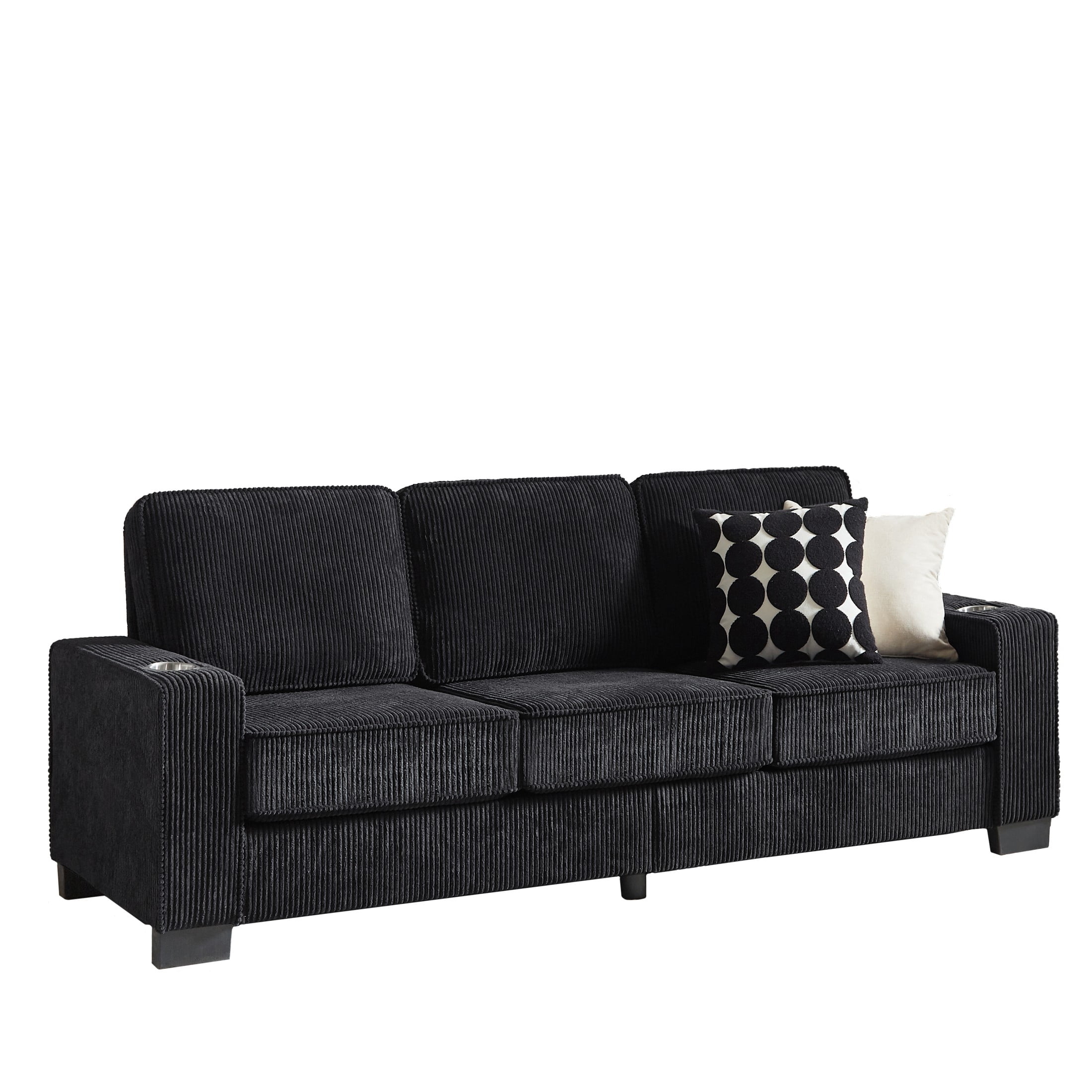Aukfa 84" Corduroy Sofa with Cup Holders, Modern 3-Seater Couch for Living Room Office, Black