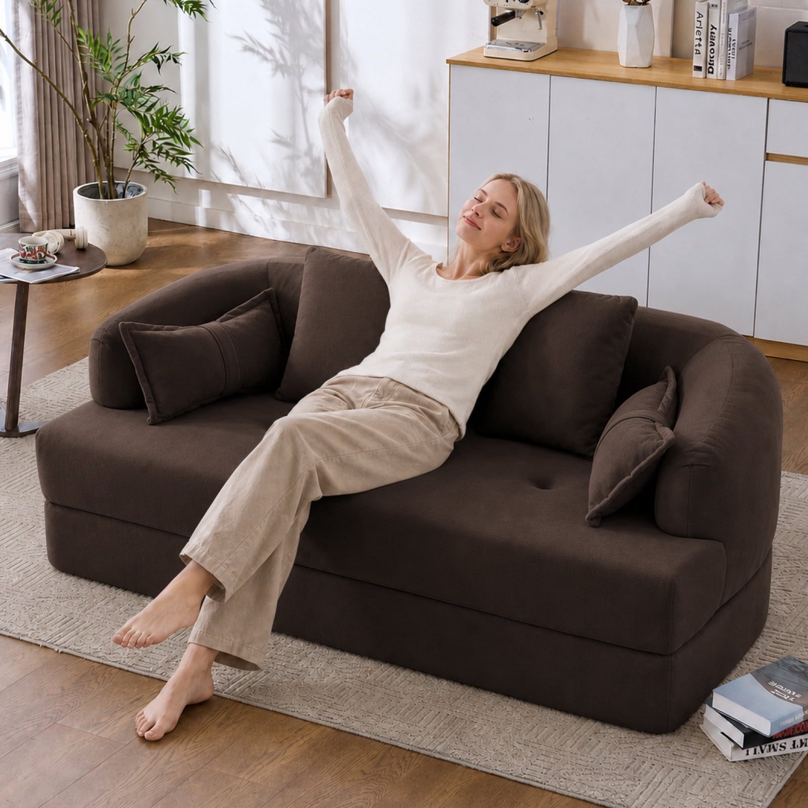 Lunale 70" Convertible Sofa Bed, 2-in-1 Sleeper Sofa, Chenille Boneless Couch for Small Spaces, Brown