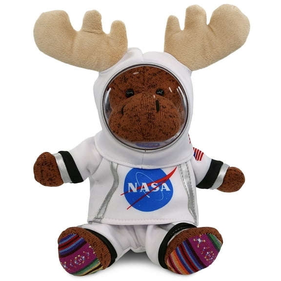 DolliBu Funky Sitting Brown Moose Astronaut Plush Toy - Super Soft Wild Life Astronaut Stuffed Animal Plush with Space Helmet and NASA Astronaut Suit, Spaceman Doll Decor for Girls and Boys - 11 Inch