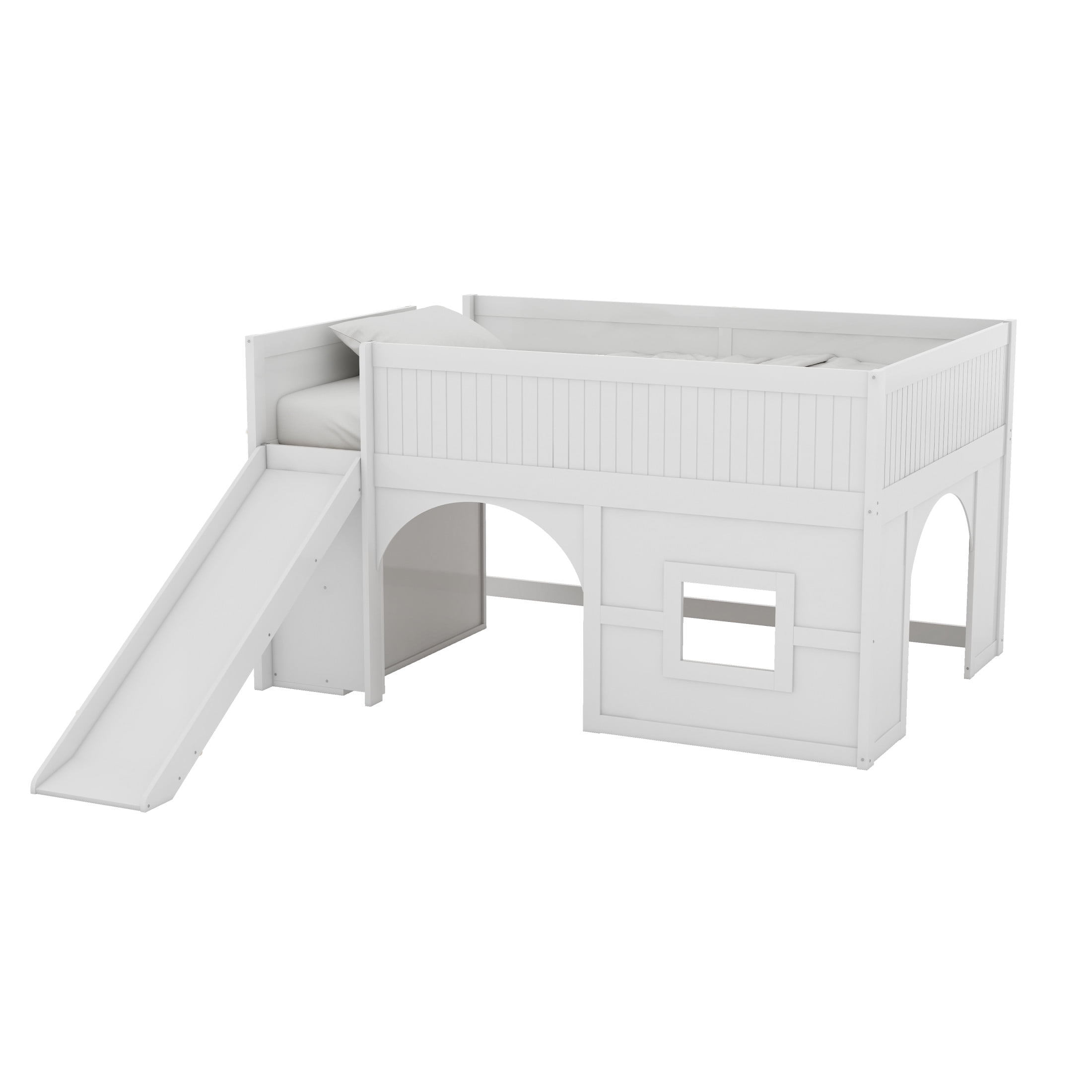 Noble House Seaman Full Size Low Loft Bed with Slide and Storage Shelves, Pine Wooden Playhouse Bed, White