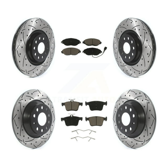 Transit Auto Front Rear Coated Drilled Slotted Disc Brake Rotors and Ceramic Pads Kit for Car Volkswagen Tiguan Jetta KDC-100655