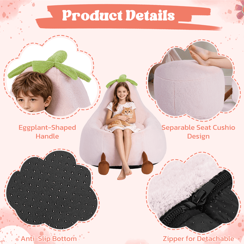 Simple Deluxe 2.5 ft Kids Bean Bag Chair, Faux Rabbit Fur Round Sofa with Handle and Washable Cover, Pink