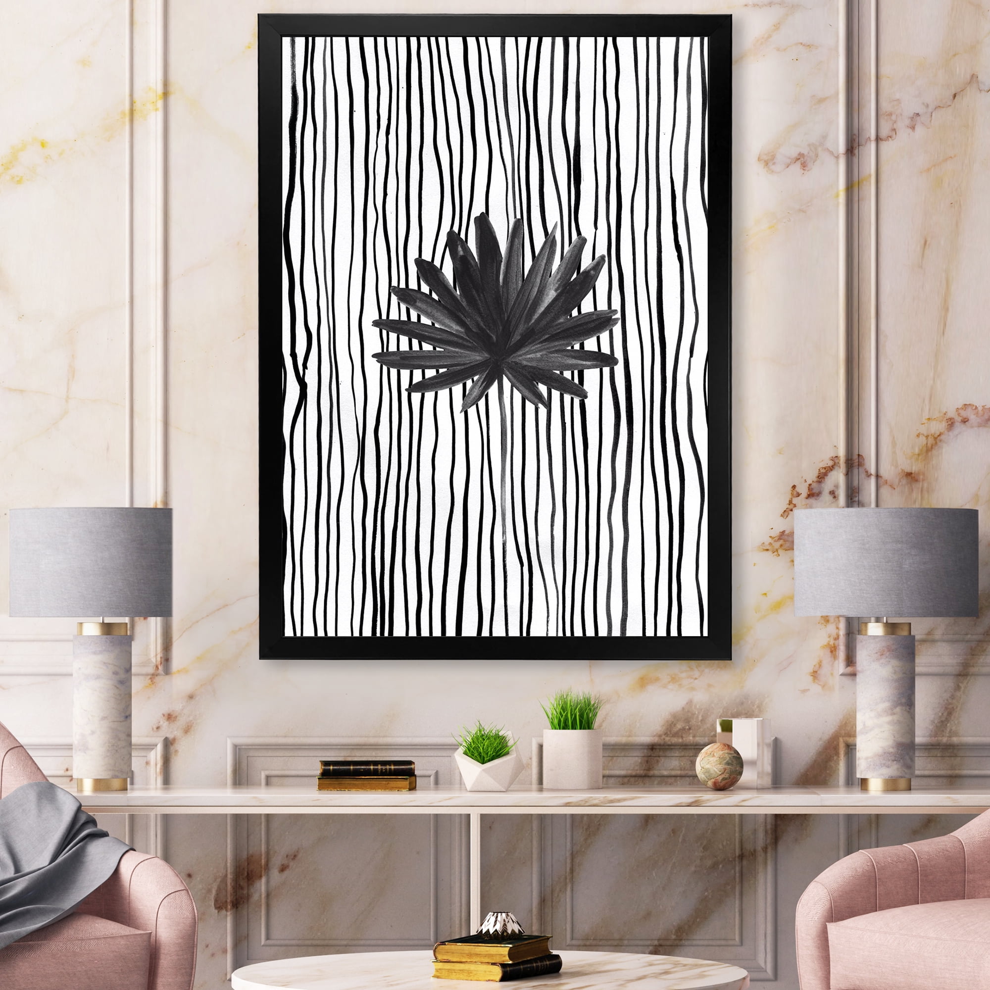 Designart 'Black and White Striped Under Tropical Leaf III' Modern Framed Art Print