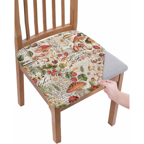 Mushroom Chair Seat Covers for Dining Room Stretch Chair Seat Covers Set of 6, Pastoral Summer Botanical Watercolor Spring Floral Chair Seat Protector Cushion Slipcovers for Kitchen Restaurant Office