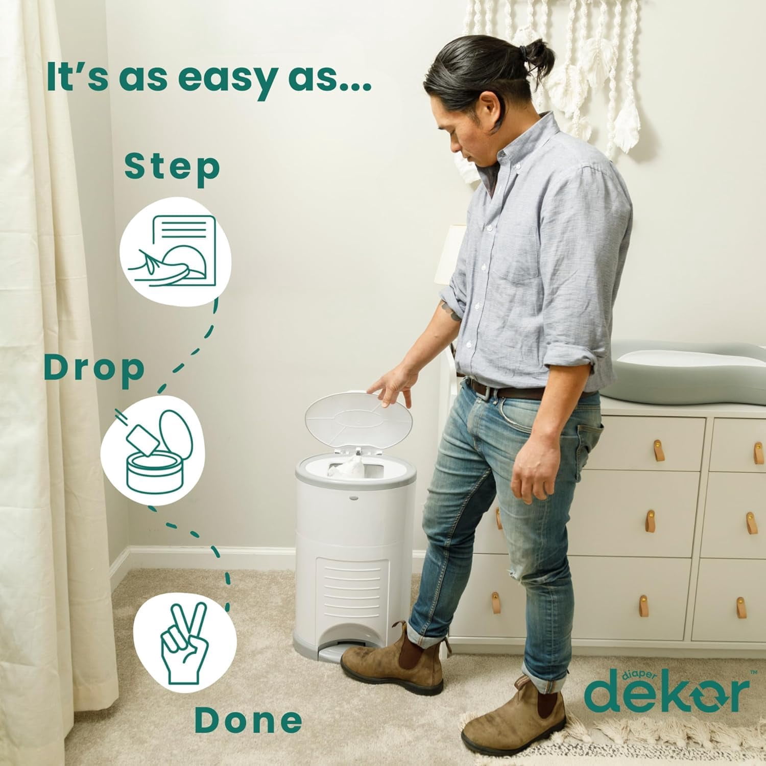 Plus Hands- Diaper Pail |   Largest & Easiest to Use |   Just Step–Drop–Done |   Doesn't Absorb Odors |   Quick Bag Change |   Great for Cloth Diapers |   70%  Materials |    Gray
