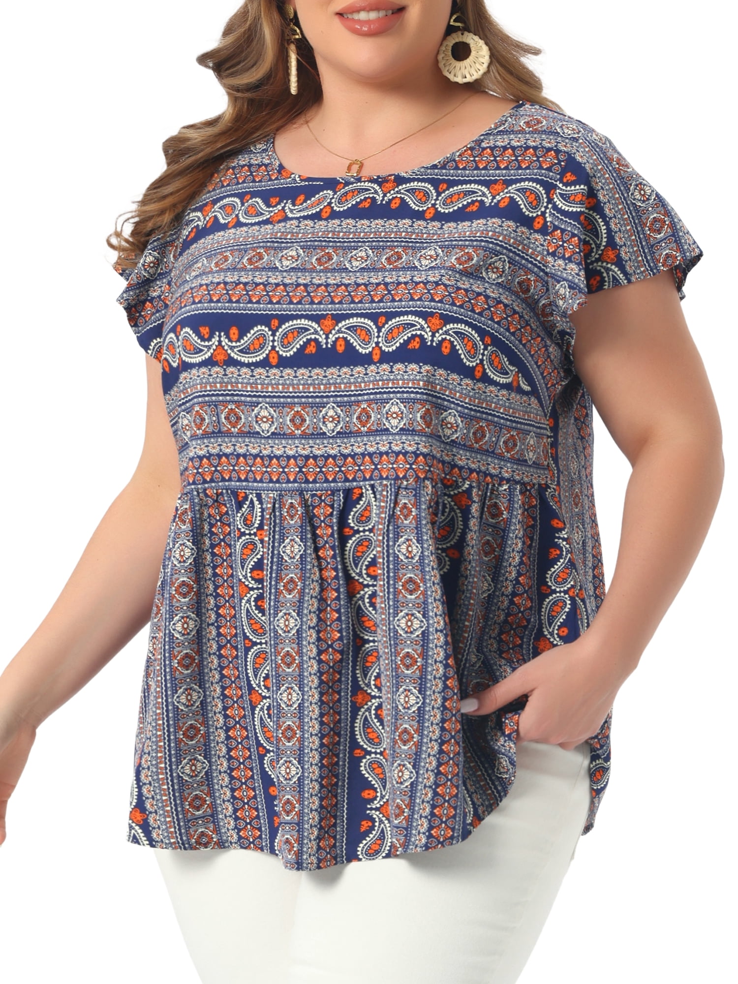 DARING DIVA Women's Plus Top Boho Floral Round Neck Ruffle Sleeve Blouses 2X Navy Blue