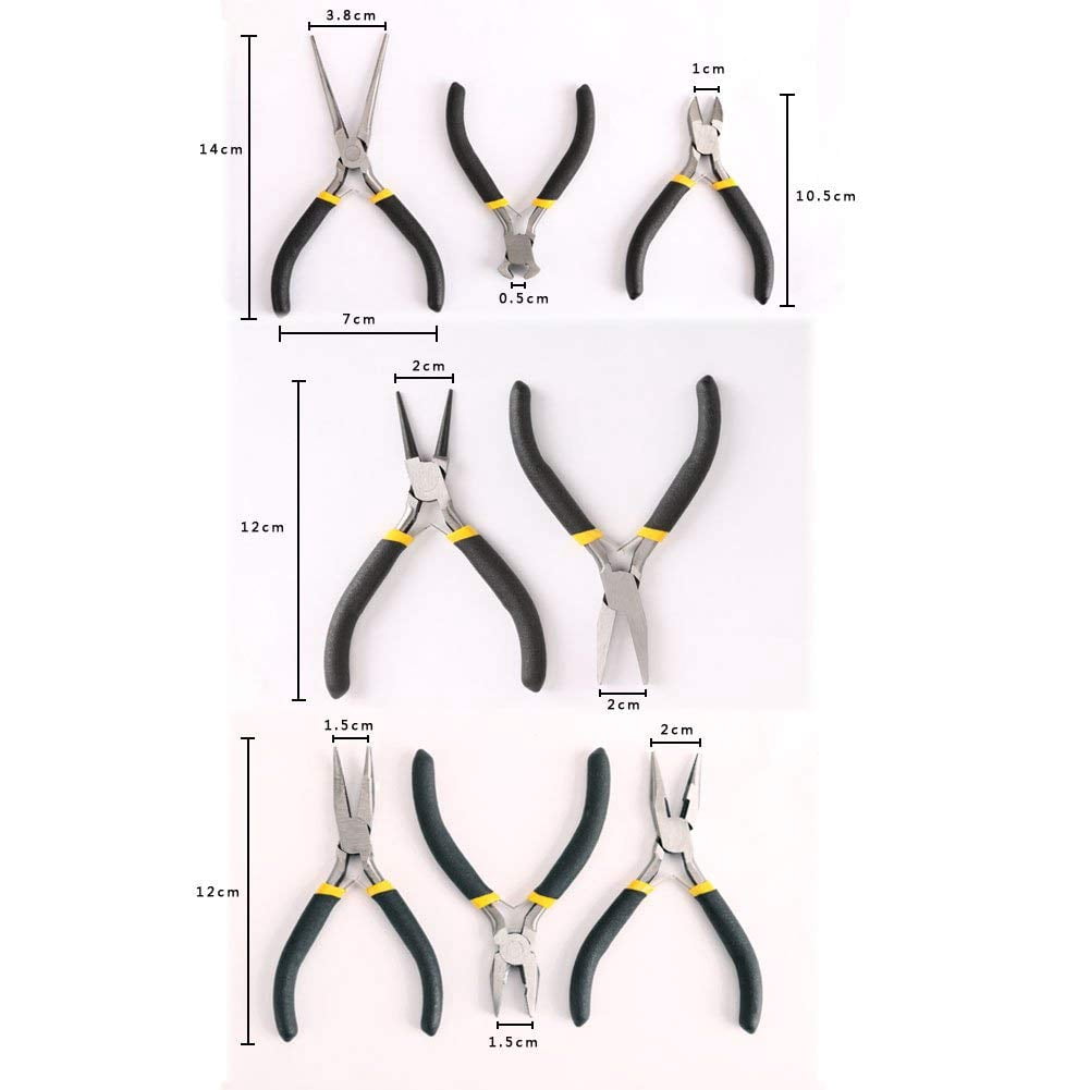 8PCs Mini Pliers Set, Long Nose with Teeth, Flat Jaw, Round Curve Needle Diagonal Wire End Cutting Cutter Linesman Plier Black Grips & Protective Pouch
