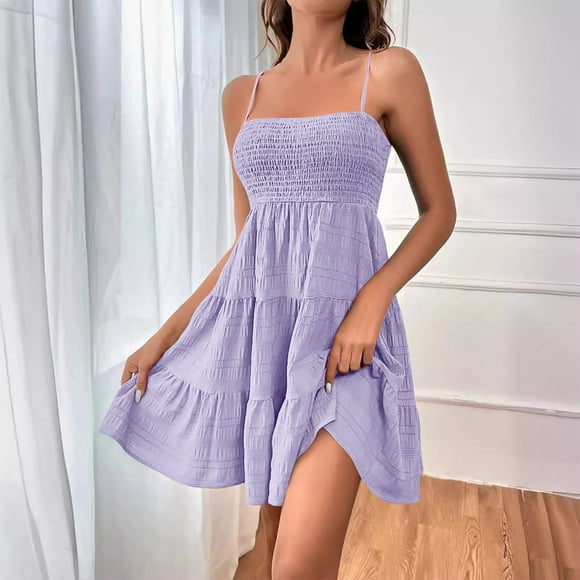 Neewe Women's Summer Midi Dress Loose Casual Classic Plain One Shoulder Tube Tunic Waist Pleated Hem Flowy Dresses Daily