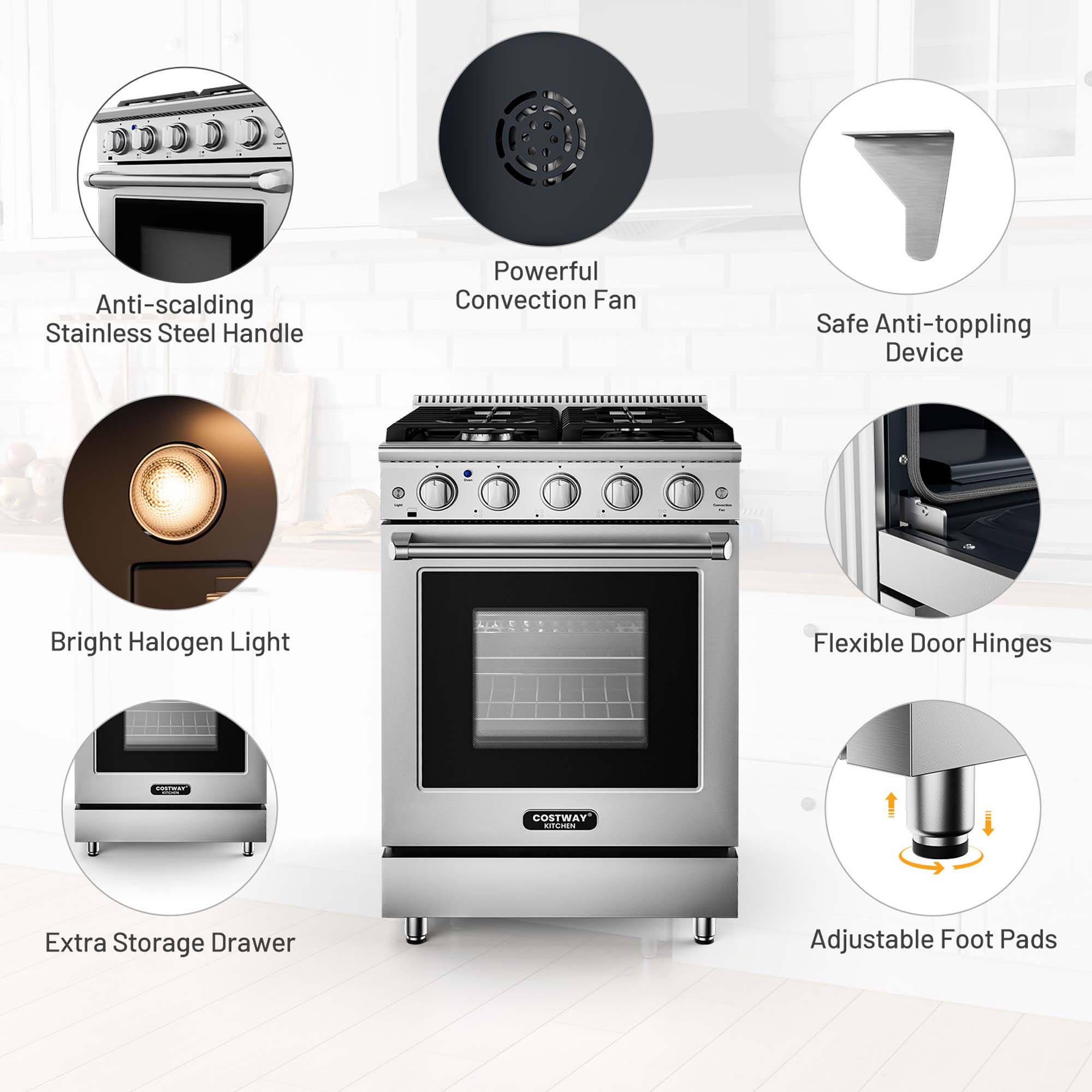 Costway 24 Inches Natural Gas Range Freestanding with 4 Burners Cooktop & 3.73 Cu.Ft. Oven