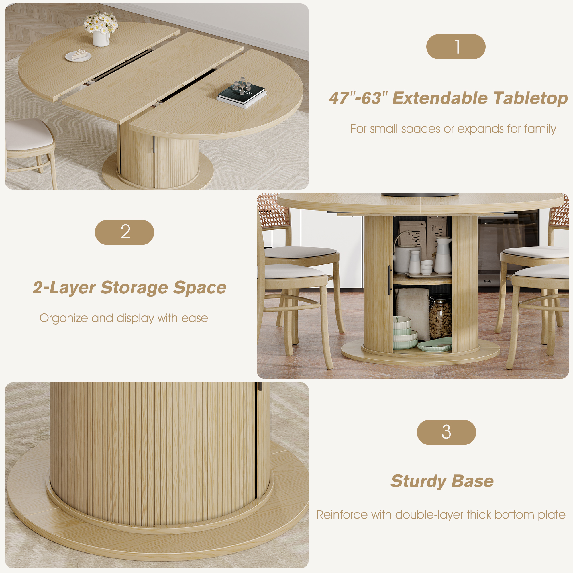 Round Dining Table for 4-8, Extendable Kitchen Dining Room Table 47"-63" With Storage, Mid Century Modern Oval Wood Dinner Table, Natural Oak