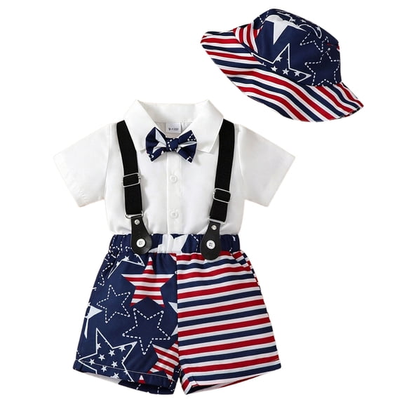 Povozer 4th of July Outfits for Boys Toddler Boy Patriotic Outfit 4th Of July Baby Boy Clothes Short Sleeve Romper Bowtie Shirt Flag Suspender Shorts 2Pcs Gentleman Outfit Size 6-9 Months,White