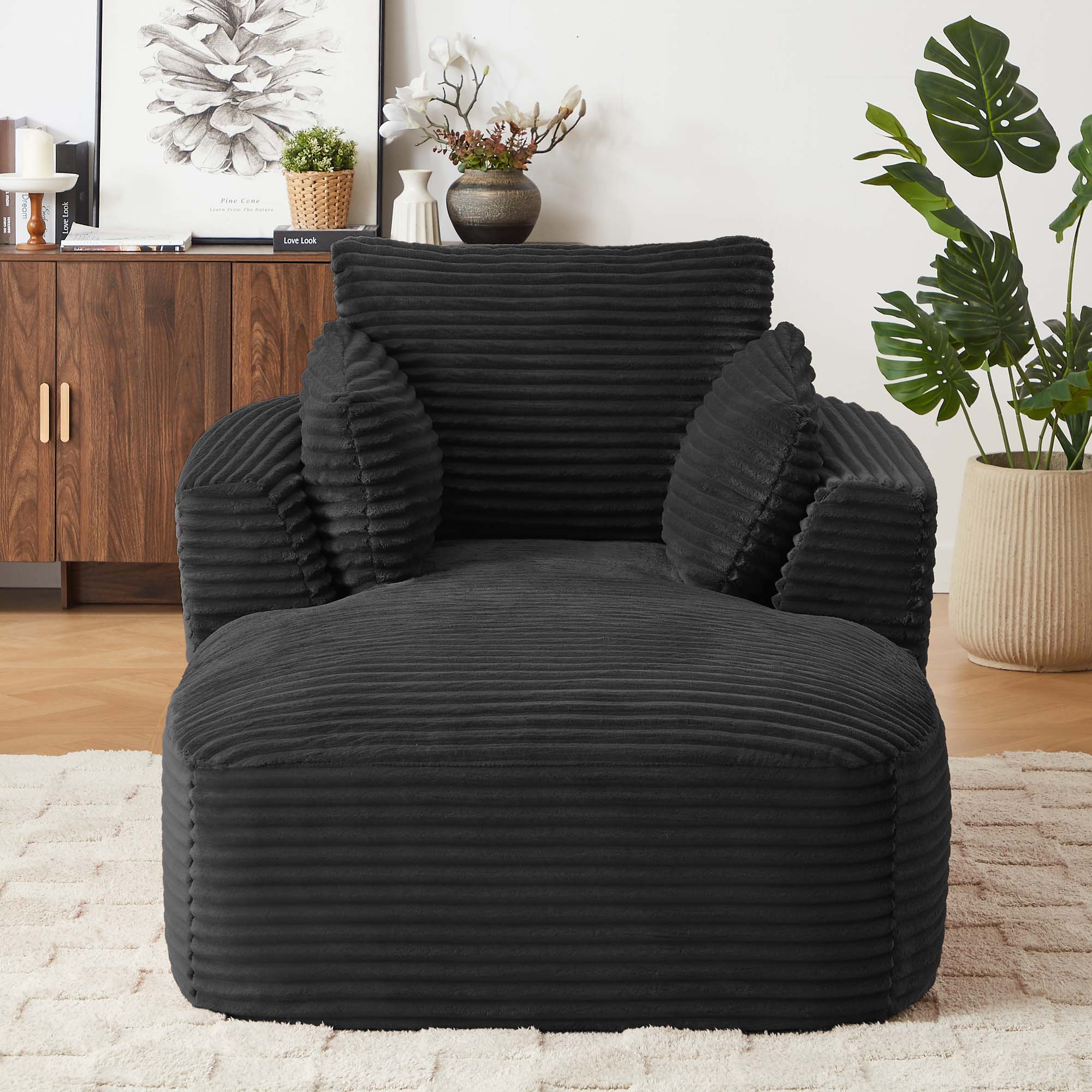 Miniyam 45 x 64 inch Black Oversized Chaise Lounge Chair Indoor, Corduroy Upholstered Modern Sofa Couch, No Assembly Required, Comfy Sleeper Sofa for Living Room/Dorm/Apartment
