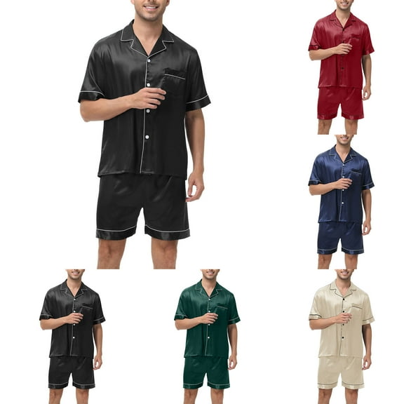 ZZwxWA Men Satin Silk Short Pajama Set 2 Piece Button Down Shirt Shorts Pjs Outfits Men Casual Summer Sleepwear Lounge Sets
