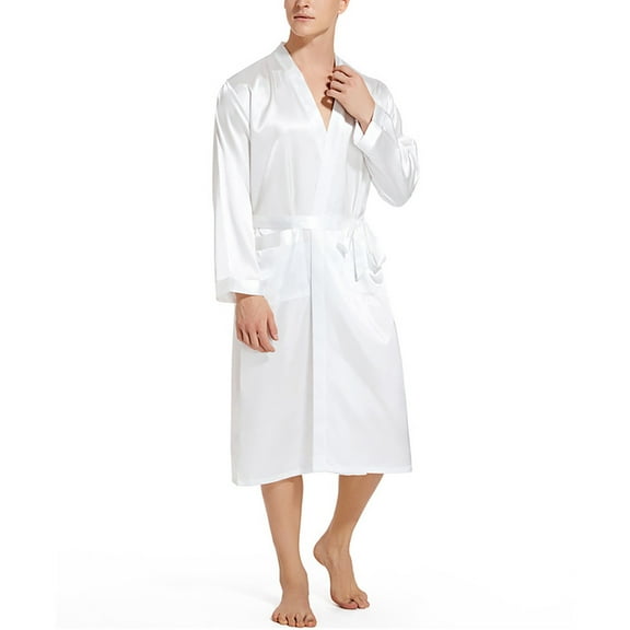 Baqcunre Pajama Set Men'S Solid Color Thin Loose Large Sleeved Spring And Autumn Smooth Cardigan Gown Bathrobe Sweatshirts For Men Tops For Men White L