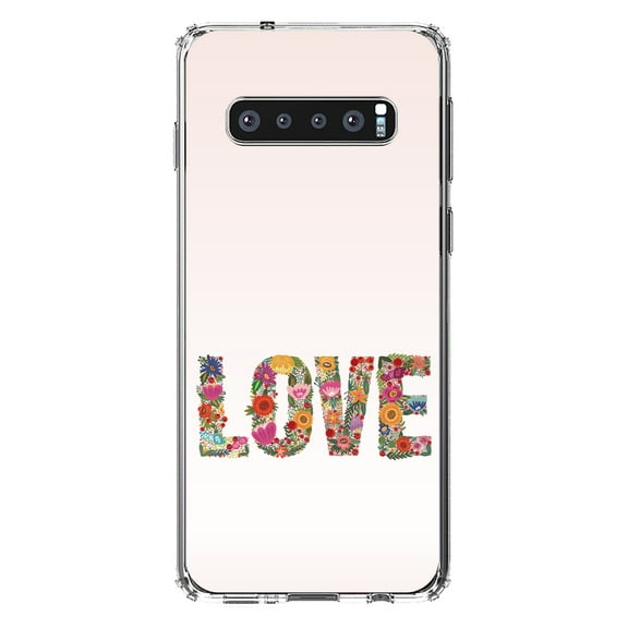 DistinctInk Clear Shockproof Hybrid Case for Samsung Galaxy S10  PLUS(6.4" Screen) - TPU Bumper, Acrylic Back, Tempered Glass Screen Protector - Spring Collection - Floral LOVE Flowers