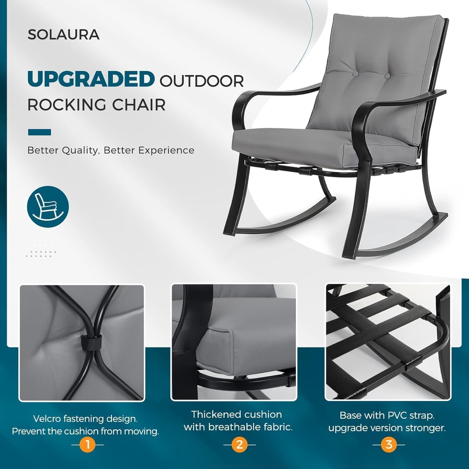SUNCROWN 3-Piece Outdoor Patio Bistro Set Black Metal Rocking Chairs and Table with Gray Cushions