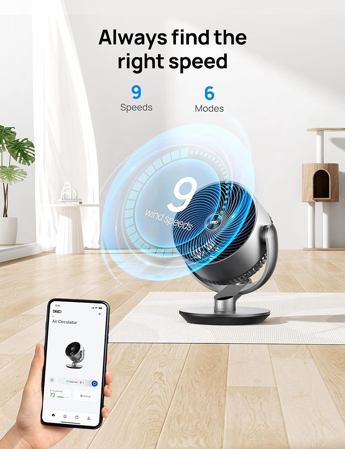 Dreo Smart Fans for Home, 110ft Air Circulator, 120° 90° Oscillating Fans with WiFi Voice Control, 9 Speeds, 25dB DC Quiet Fan, 6 Modes, 12H Timer, Works with Alexa/Google, 16" Table Fan for Bedroom.