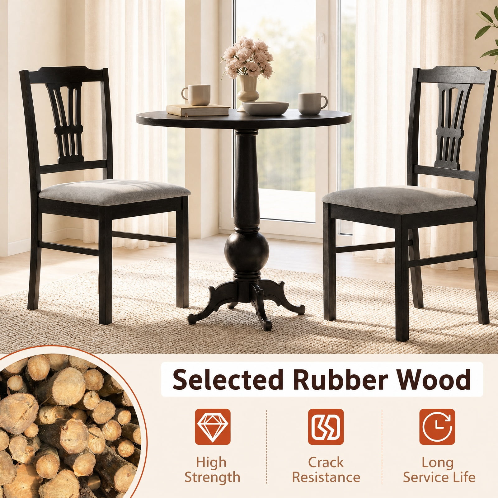 Furnibear Upholstered Dining Chairs Set of 2 Kitchen Chairs with Solid Rubber Wood Frame and Padded Seat for Dining Room, Gray