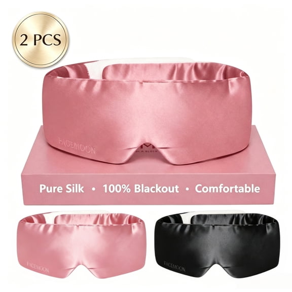 FACEMOON Pure Silk Sleep Mask, 2 Pack, Blackout Eye Mask with Adjustable Strap for Women and Men, Pink and Black