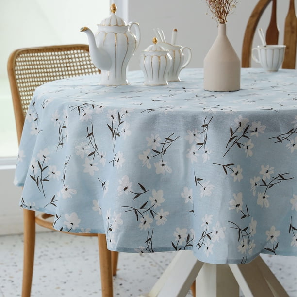 Mantel Redondo Pastoral - 60 Pulgadas De Diámetro. - Mantel De Tela De Lino - Mantel Lavable Con Resistente Al Polvo Y A Las Arrugas Para Restaurante, Picnic, Comedor Interior Y Exterior, Floral (Azul