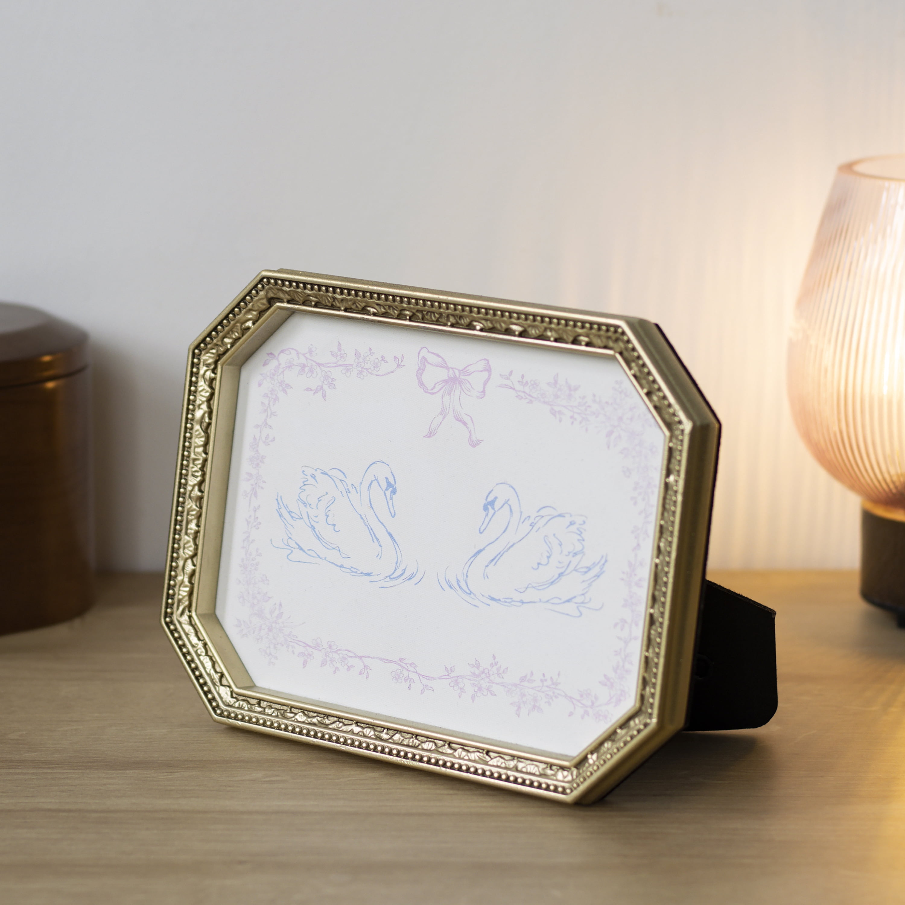 Mainstays Gold Frames Canvas 7.56"x5.59" Art with Blue Swan and Pink Floral