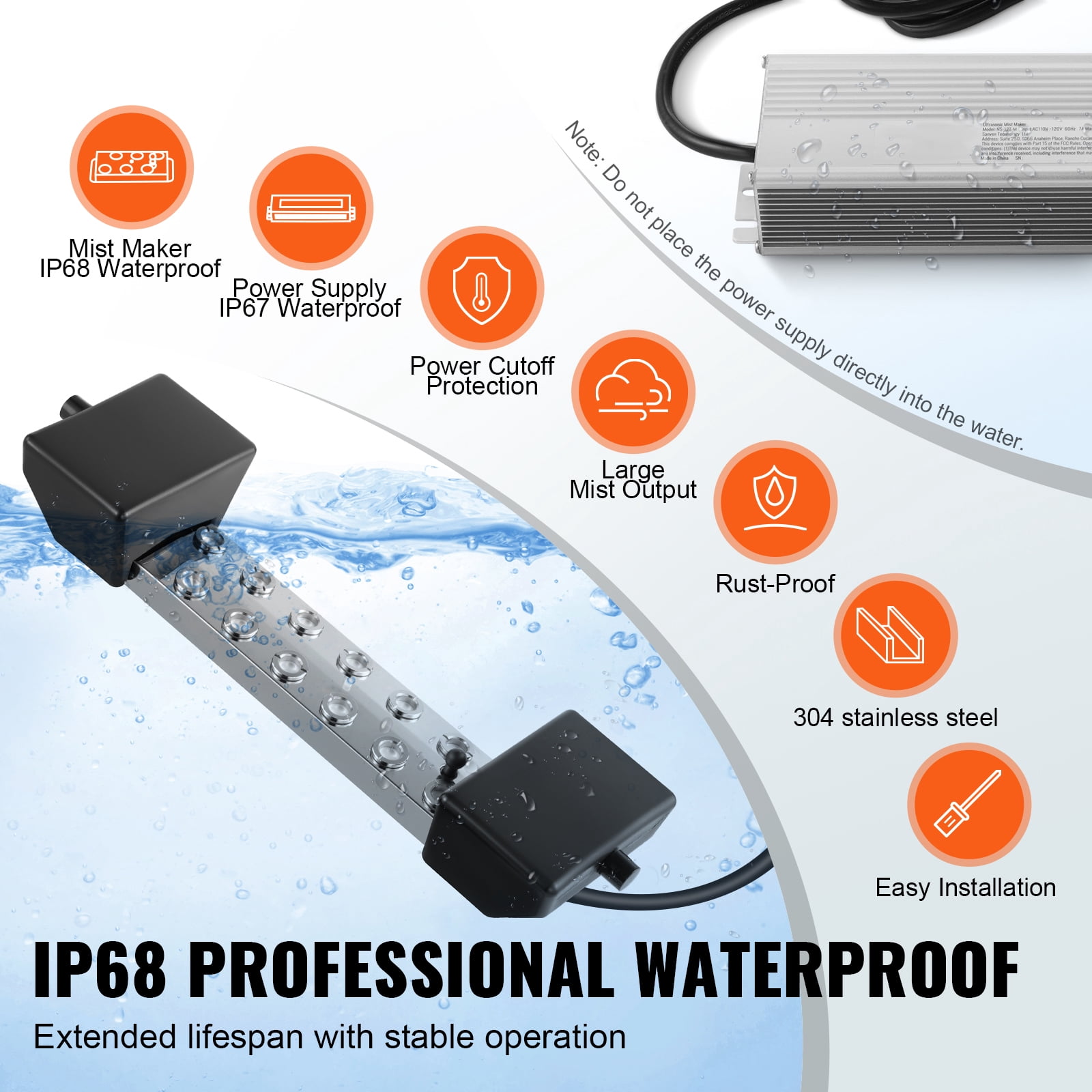KFFKFF Ultrasonic Fog Generator, 12-Head, 9L/H Output, Includes 300W IP67 Water-Resistant Power Unit, Float, Spare Discs, Ideal for Ponds, Gardens, Rockeries, Greenhouses, Halloween Decor