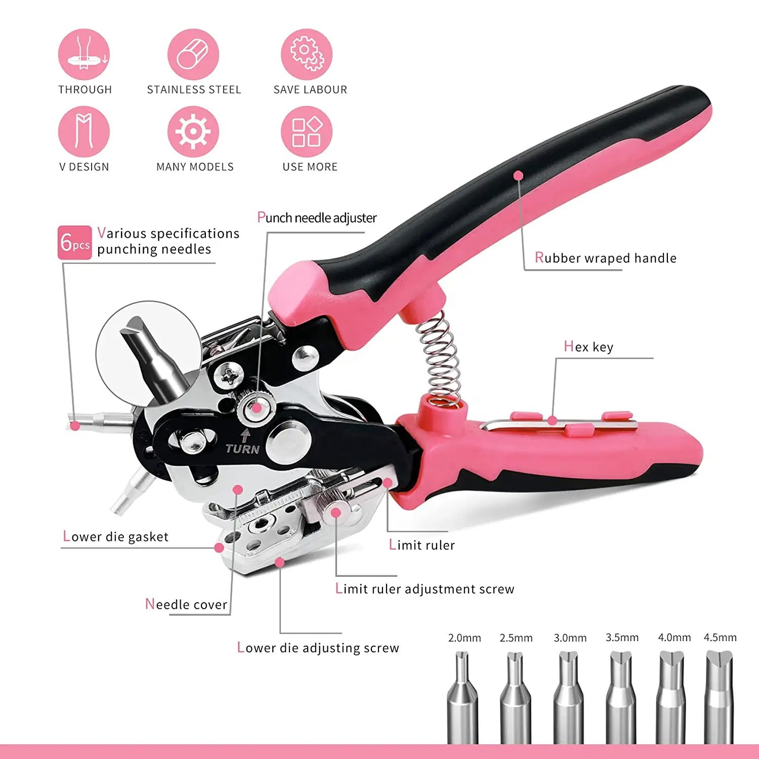 Leather Hole Punch, Heavy Duty Belt Hole Punch Plier with 6 Solid Holes for Belts, Watch Bands, Straps, Pet Collars, Saddles, Shoes, Fabric, DIY Home or Christmas Craft Projects