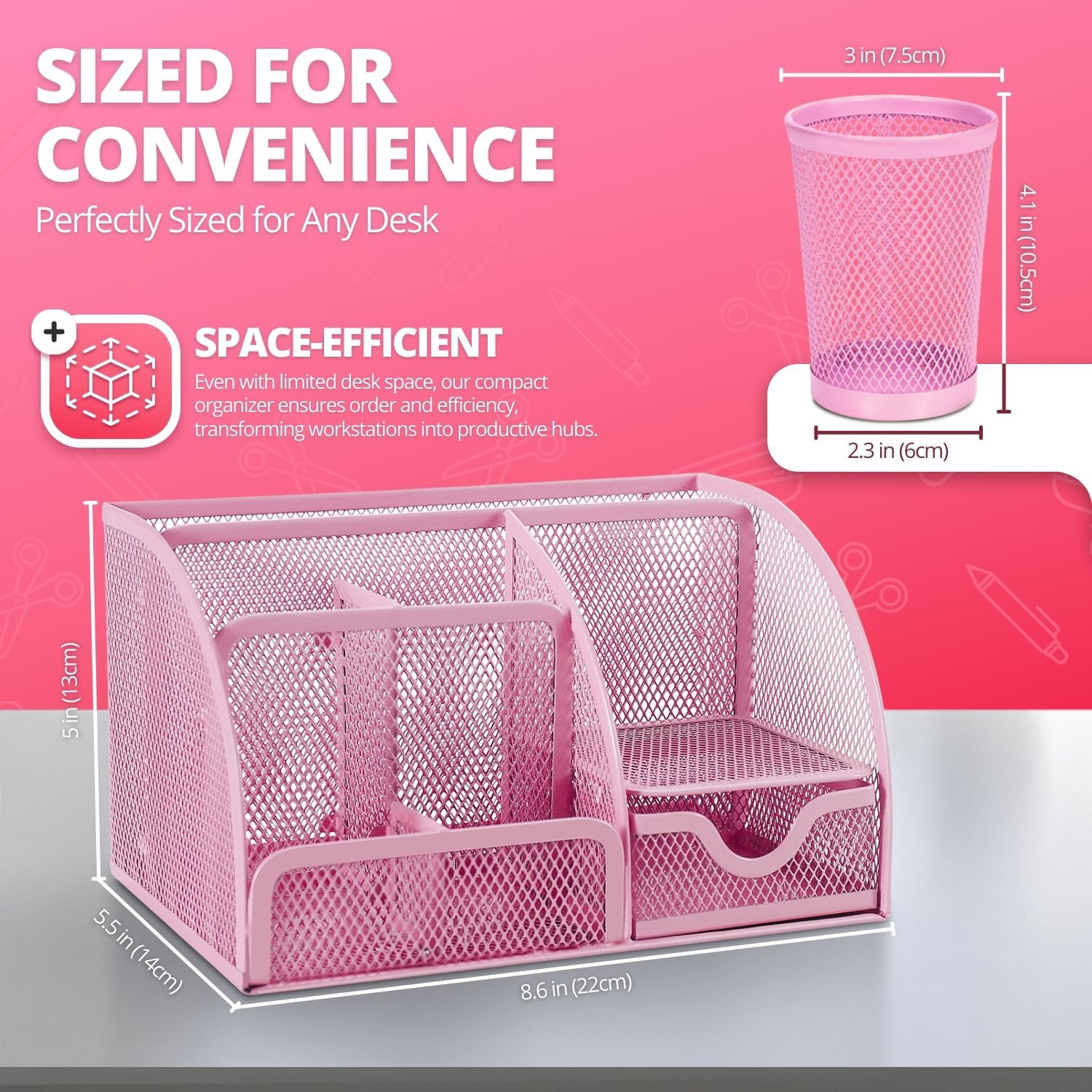 Desk Organizer Office Supplies Accessories Desktop Tabletop Sorter Shelf Pencil Holder Caddy Set - Metal Mesh with Drawer and 6 Compartments (Pink)