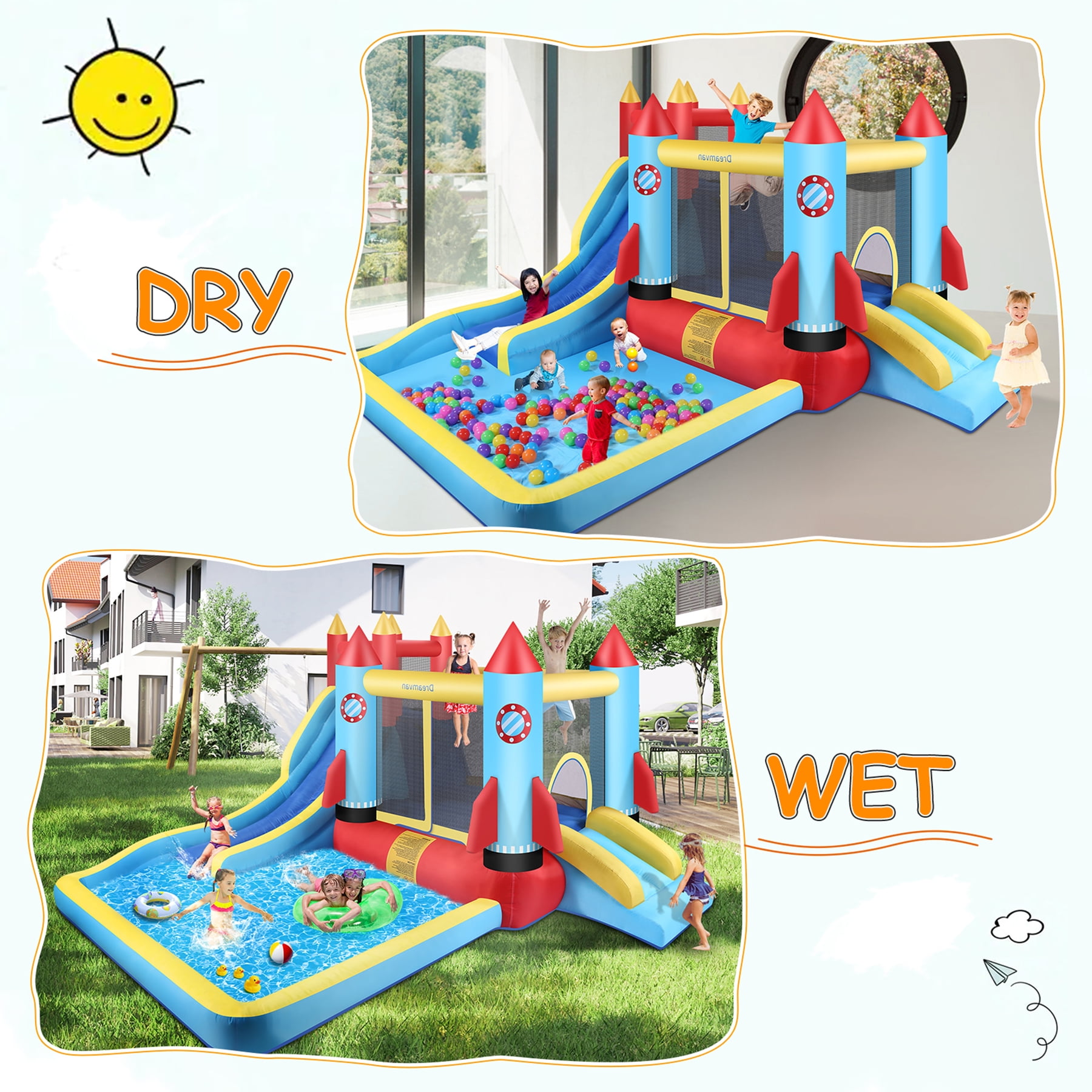 Qhomic 146''x 132'' x 82'' Inflatable Bounce Houses for Kids 3-10 with Blower Double Slide Climbing Wall and Ball Pit/Large Pool Outdoor/Indoor Bouncy House, PVC, Child, Teen, Toddler