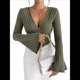 thumbnail image 3 of Camiseta de Larga Ajustada con Cuello en V Acanalado para Mujer, Top Informal de Moda con Mangas Acampanadas. Verde XL, 3 of 8