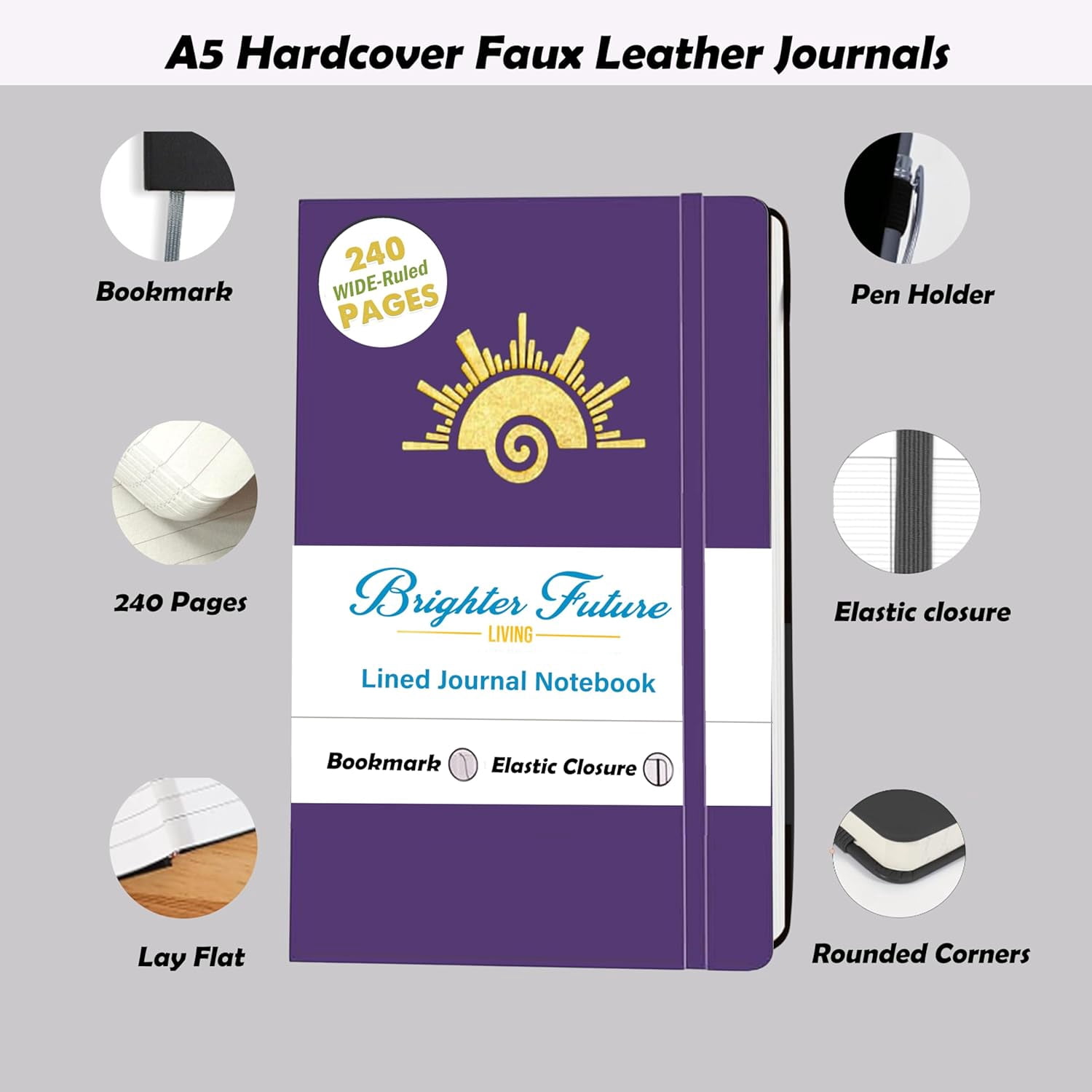Lined Journal Notebook – A5 Faux Leather Hardcover | 240 Ruled Pages | Writing, Travel, Business, School | Journal for Women & Men – Great Gift for Every Occasion (Purple)