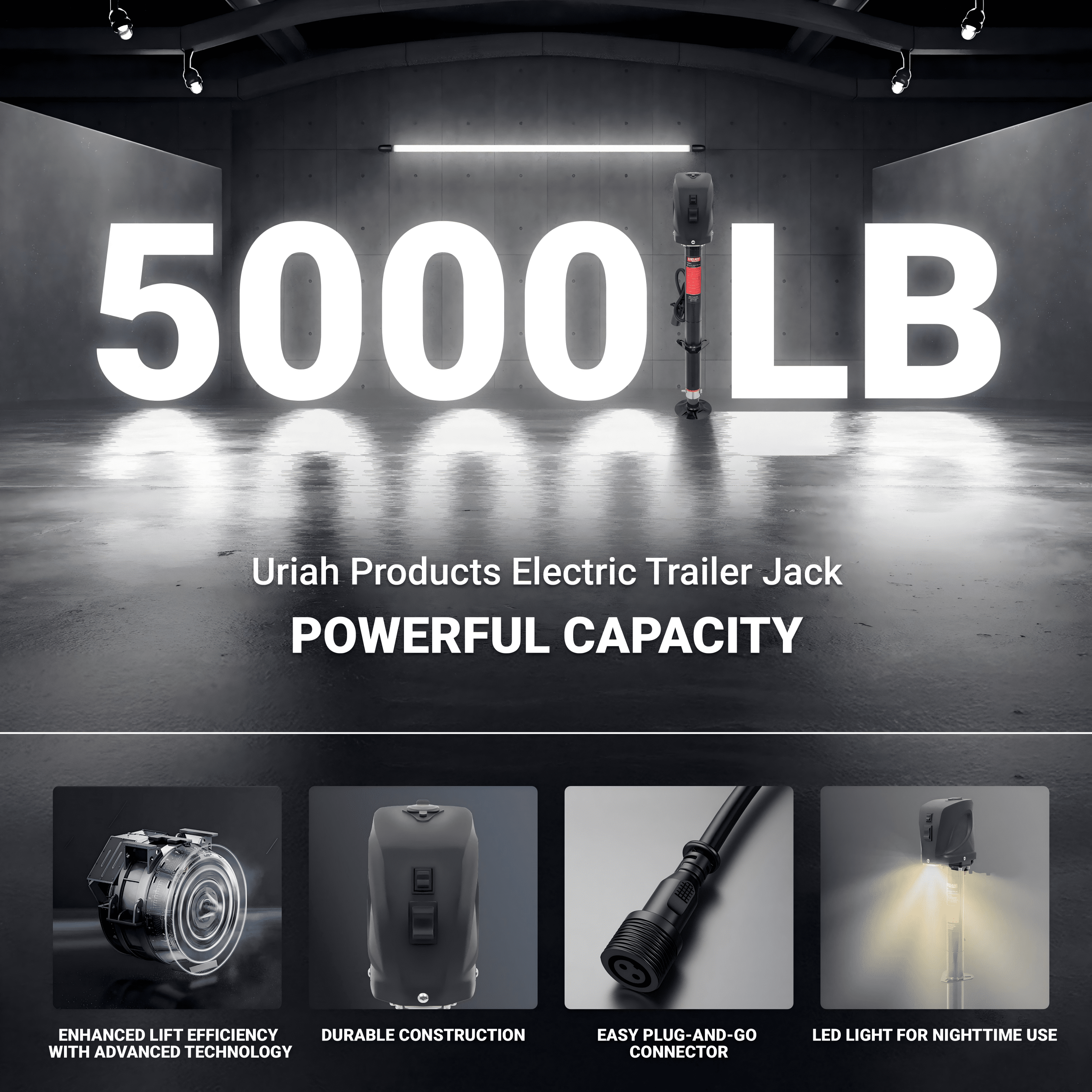 Uriah Products 12V Electric Trailer Jack, 5000 lbs Power Tongue Jack with 7-Way Plug for RV, Boat, and Utility Trailer