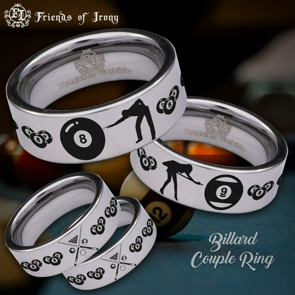 9 and 8 Ball Billards Couple Tungsten Carbide Ring