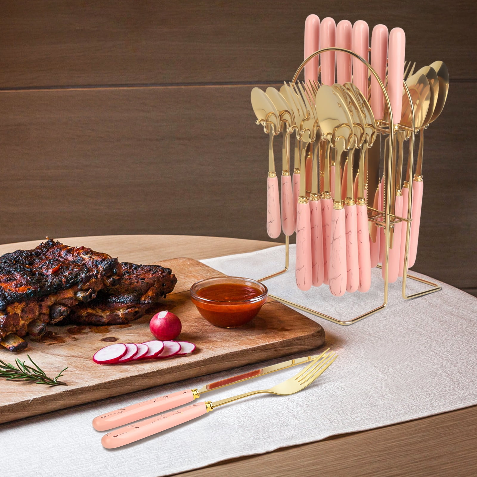 24-Piece Stainless Steel Cutlery Set with Elegant Marble Ceramic Handles - Main Dinner Knife, Fork, Spoon, Teaspoon - Luxury Gift Set(Pink)