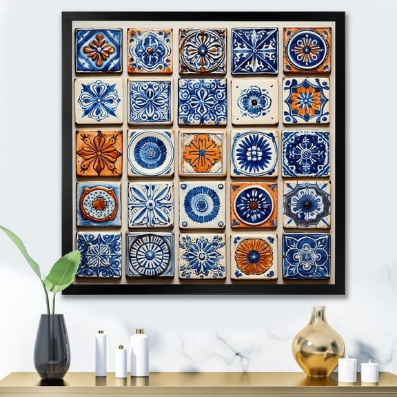 Designart "Bohemian Turkish Blue Tiles I" Geometric Framed Wall Art Decor - Bohemian Blue Boho Tiles Living Room Framed Canvas Art