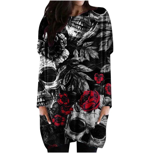 Vestido estampado de Halloween con bolsillo de cuello redondo y manga larga informal para mujer Fridja yut1412
