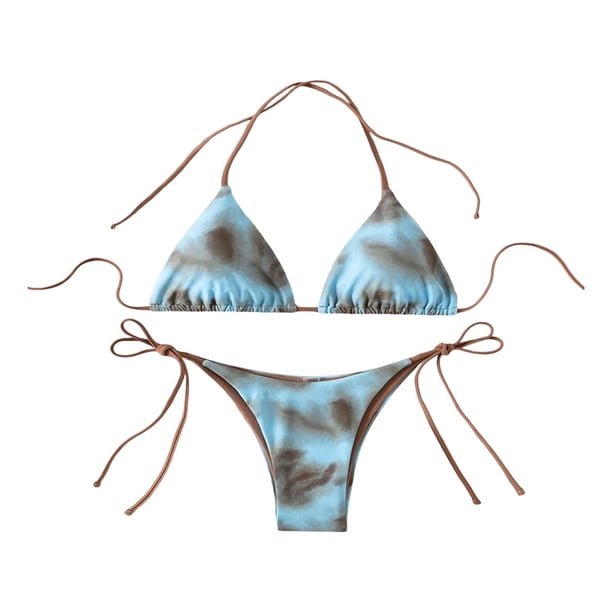 Conjunto de bikini triangular para mujer, traje de baño femenino con cordón en la parte superior e inferior para el agua Azul