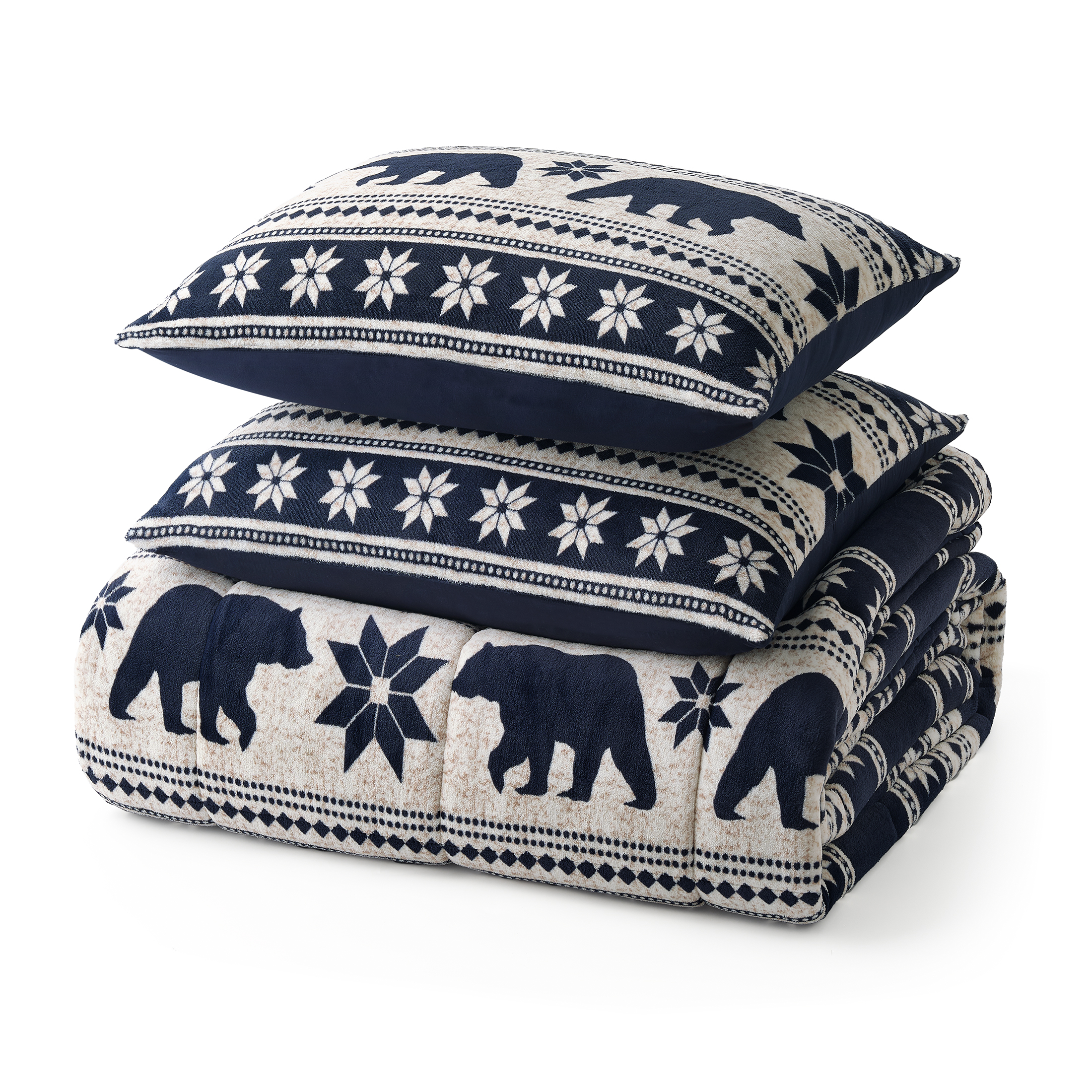 Pawz 3-Piece Fleece Comforter Set with Pillow Shams, Soft and Warm, Navy Blue Bears, King