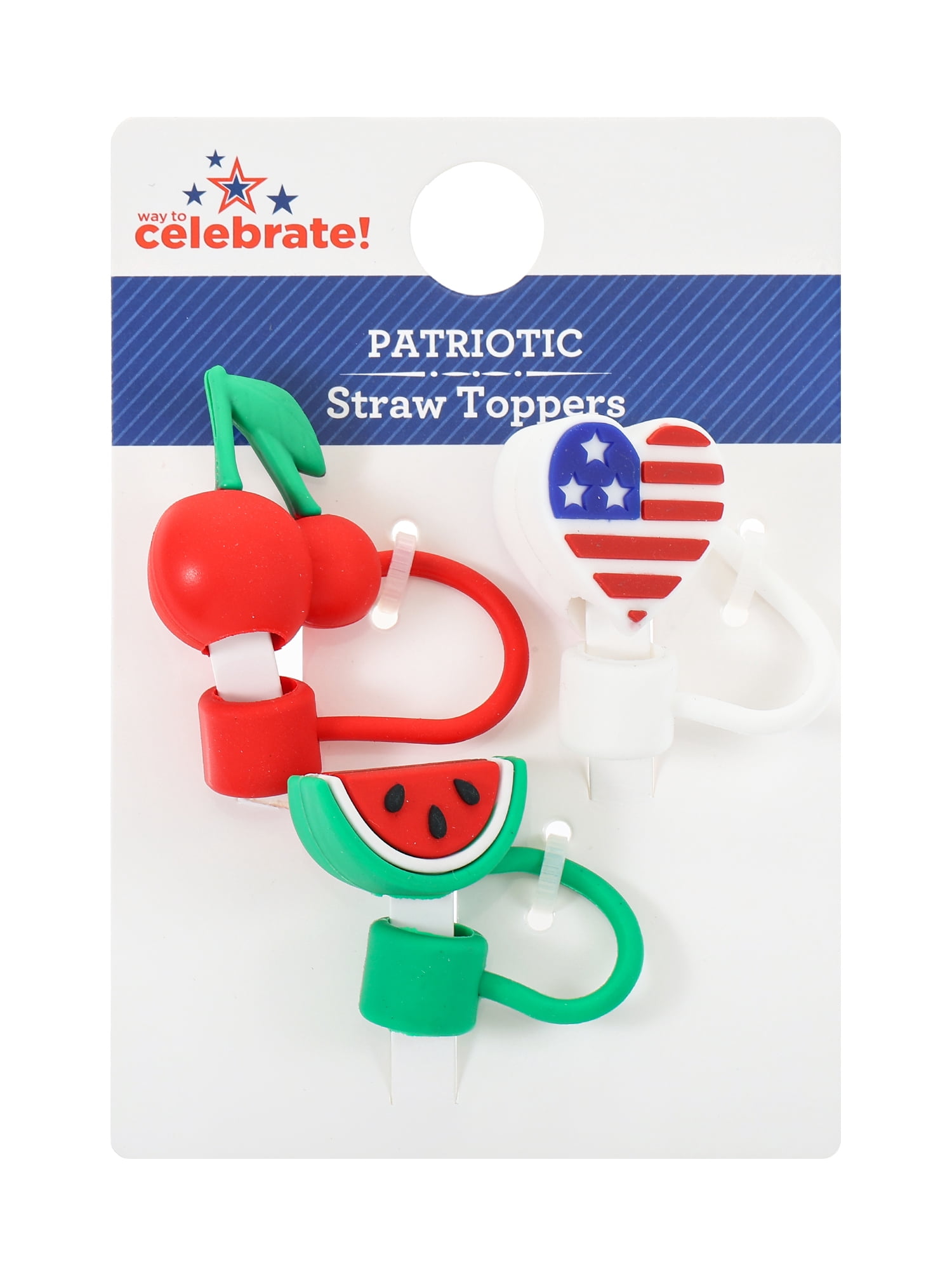 Way to Celebrate Americana Summer Themed Straw Topper Set, Reusable, Multicolored, 3 Pieces