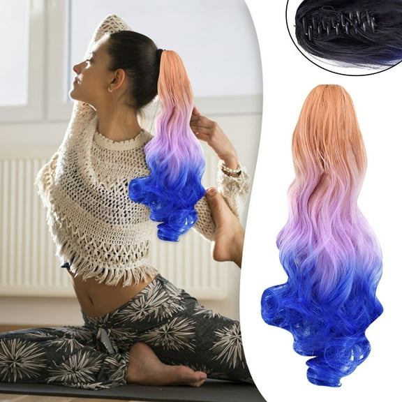 DOPI Human Hair Wigs For Women Woman Tri-Color Synthetic Long Wavy Curly Ponytail Hair Extension Wig
