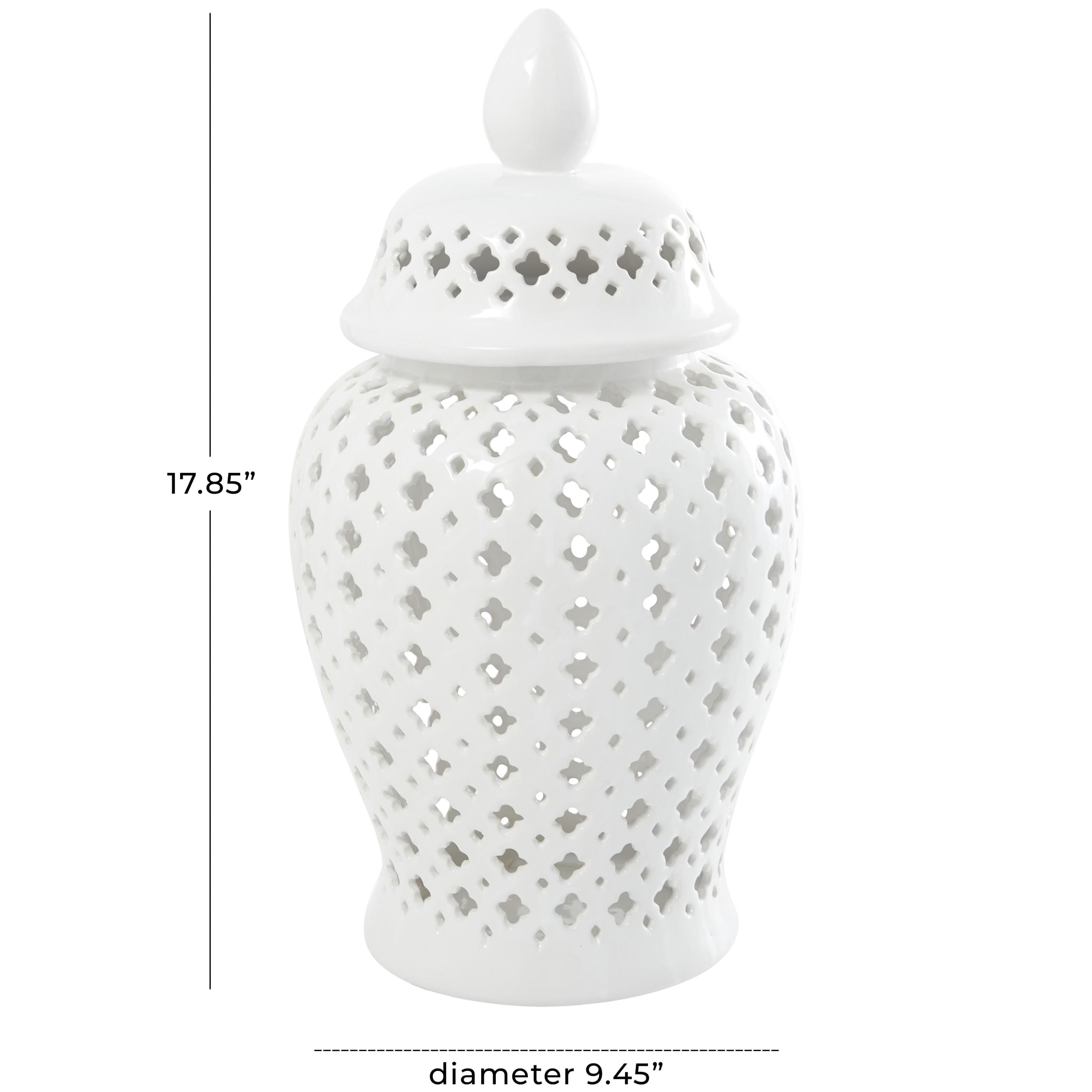 DecMode 9" x 18" White Ceramic Decorative Jars with Geometric Cutout Design and Lid, 1-Piece