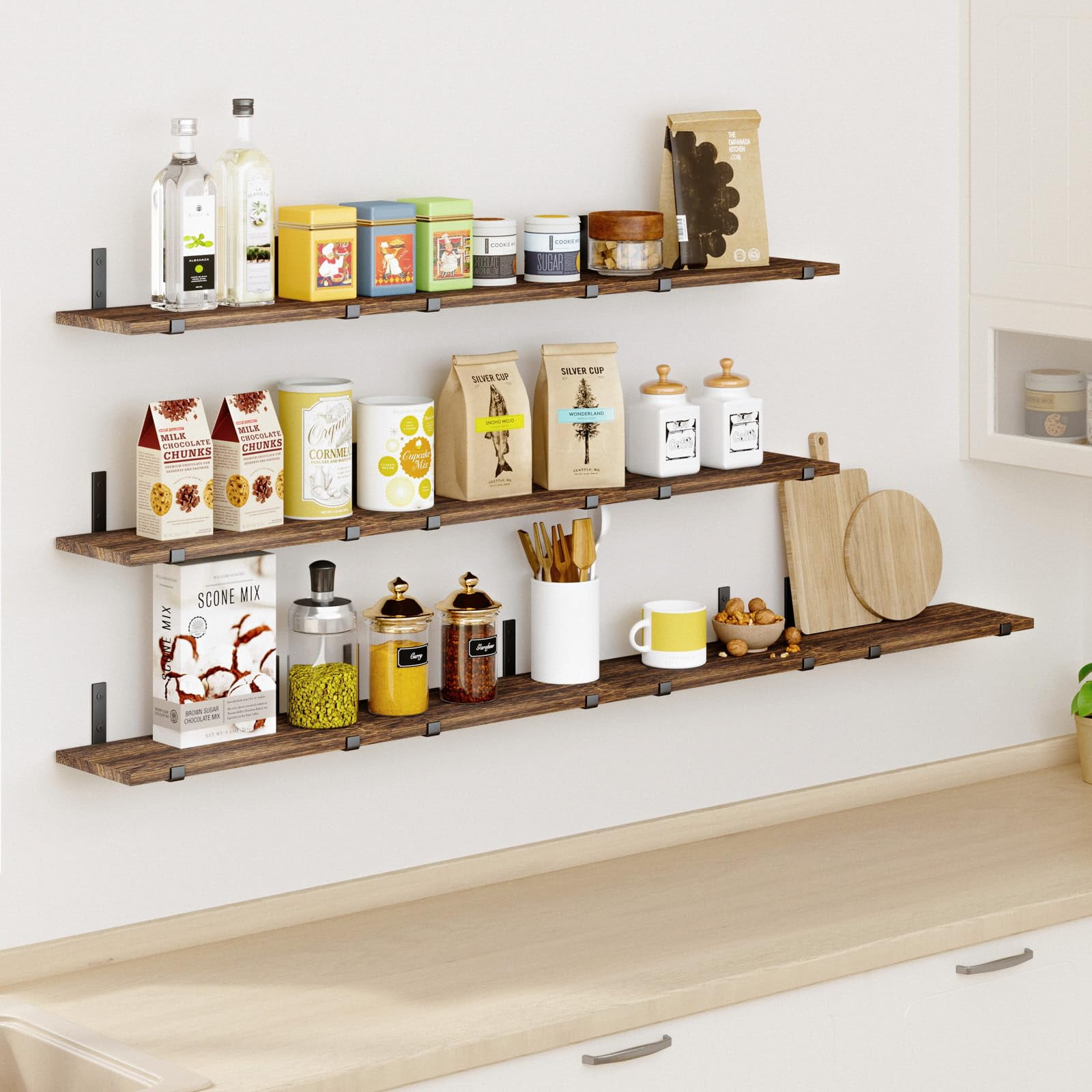 Fairy 10pcs Floating Shelves, Width 4.7 inches Wall Shelves, Home Wood Shelf Wall Mounted, Dark Carbonized Black