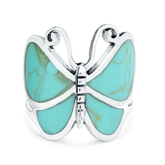 Simulated Turquoise CZ Size-4 Butterfly Ring Oxidized 925 Sterling Silver